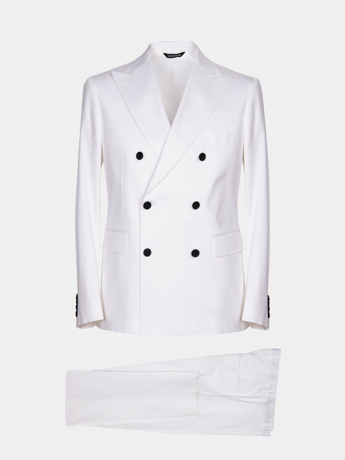 Double-breasted suit in white cotton satin