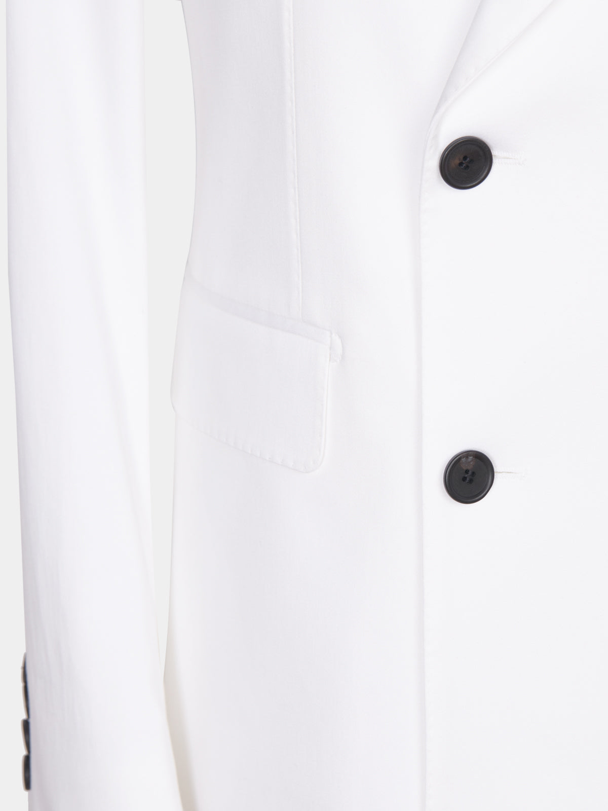 Double-breasted suit in white cotton satin