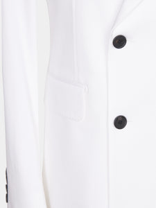 Double-breasted suit in white cotton satin