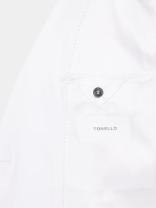 Double-breasted suit in white cotton satin