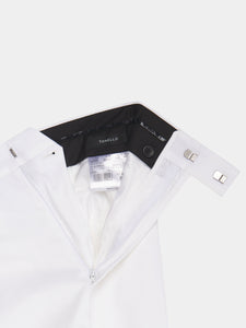 Double-breasted suit in white cotton satin