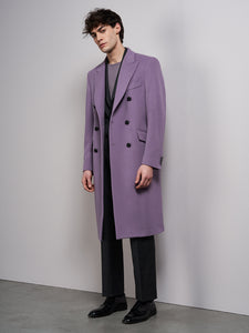 Double-breasted coat with straight shoulder in mauve wool cloth