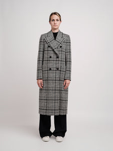 Double-breasted coat in black and white wool maxi wales