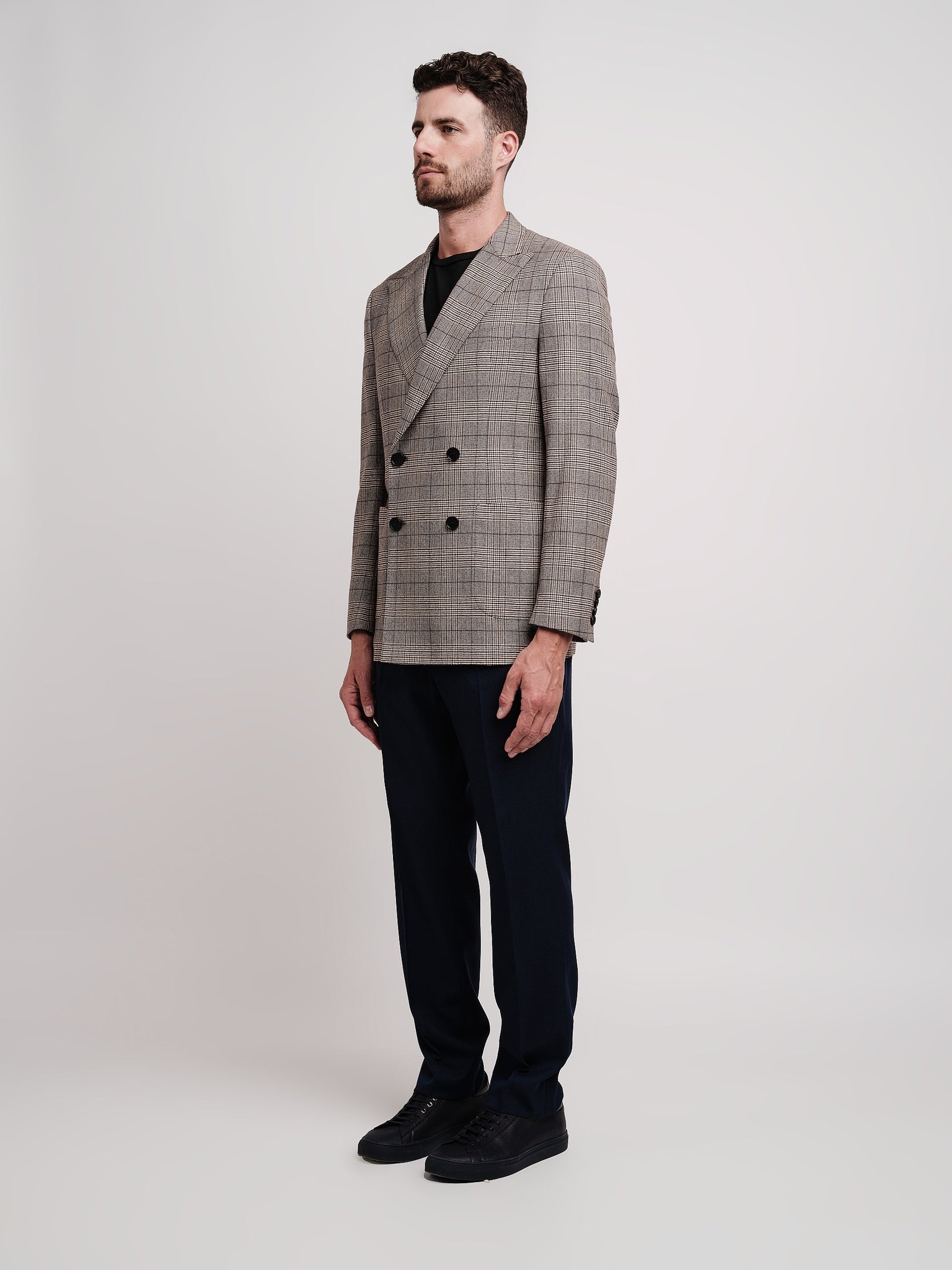 Giacca doppiopetto in galles di lana/cotone sui toni del beige