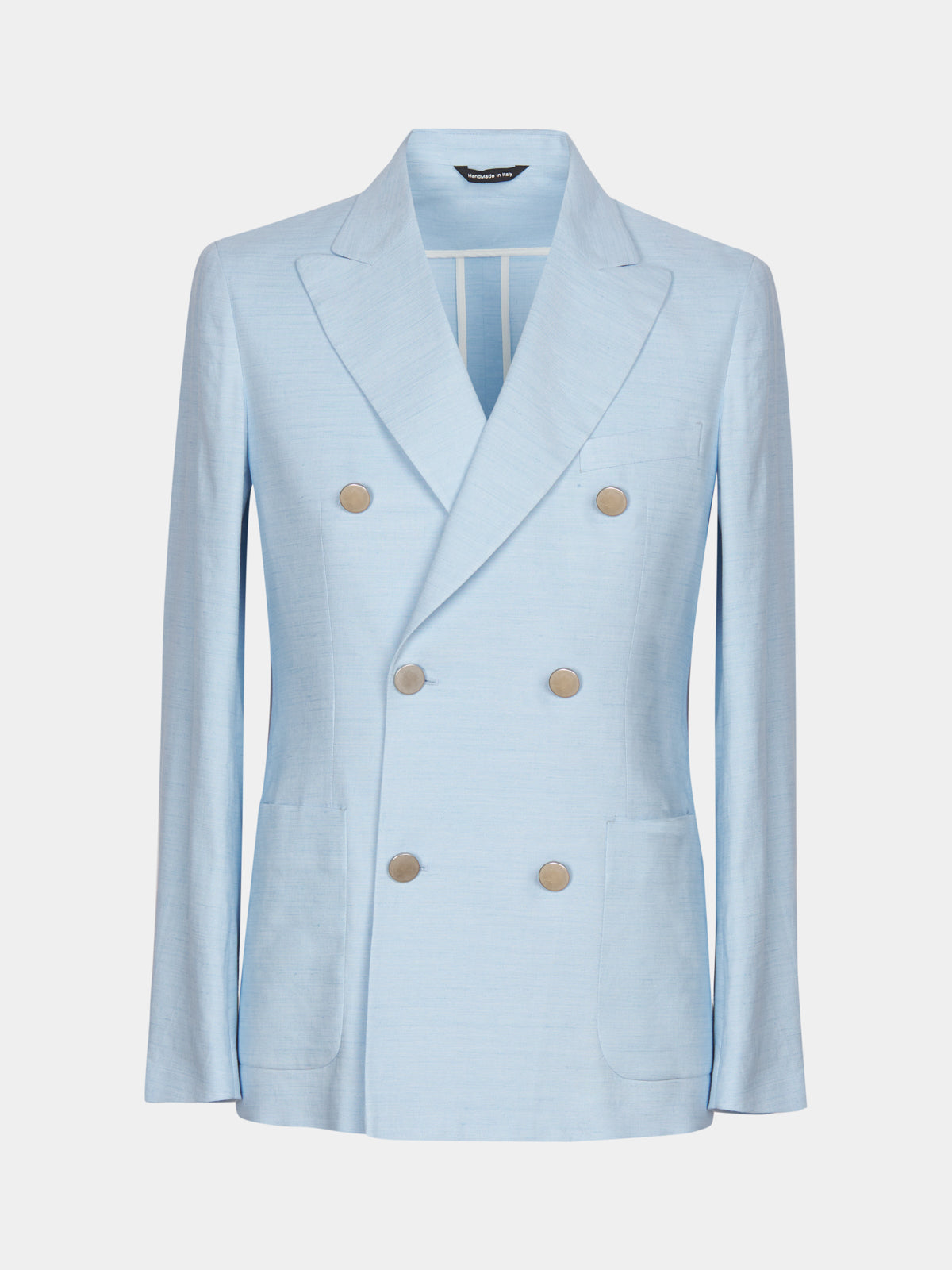 Double-breasted jacket in light blue linen