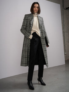 Double-breasted coat in black and white wool maxi wales